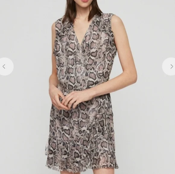 Allsaints Priya Snake Print Ruffle Pring Wrap Mini Dress Sleeveless Beige Large - Picture 1 of 11